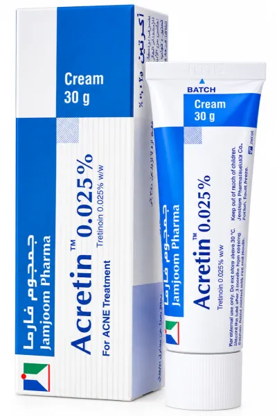 کرم ضد جوش آکرتین 0.025 حاوی ترتینوئین درمان آکنه و جوش صورت جمجوم فارما Jamjoom Pharma